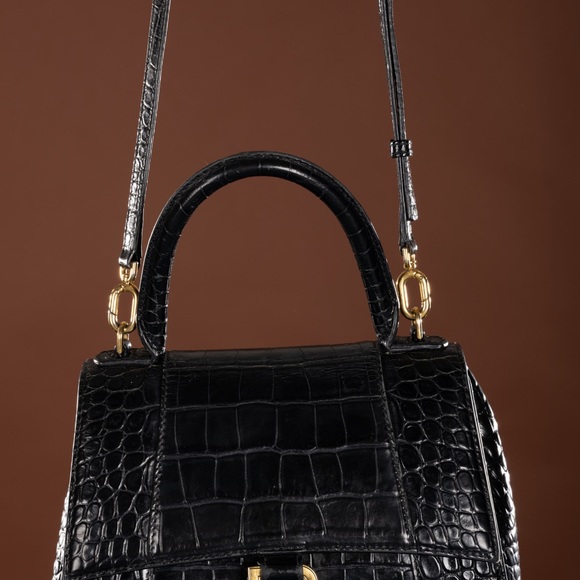 PRE-LOVED* BALENCIAGA HOURGLASS XS CROC EMBOSSED LEATHER TOP HANDLE SATCHEL - Picture 6 of 12